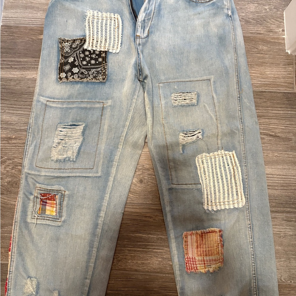 POL Three Birds Nest Light Blue Patchwork Boyfriend Jeans